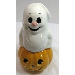 Vintage Halloween Ceramic Ghost With Pumpkin Votive or Tea Light Candle Holder